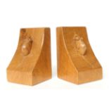 Mouseman: A Pair of Robert Thompson Single Mouse English Oak Bookends, each with carved mouse