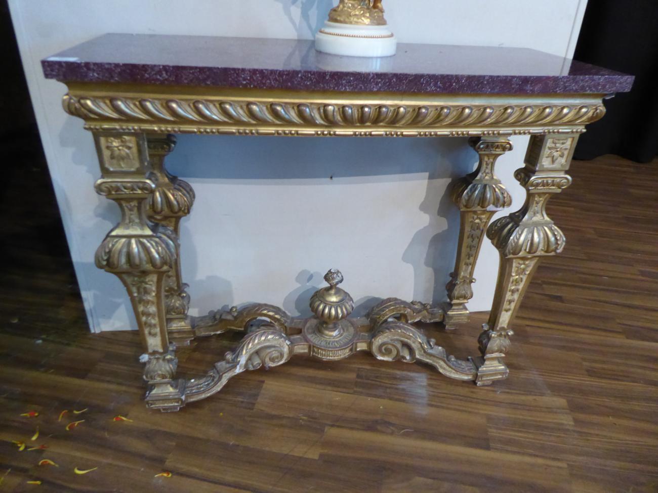 A Pair of 19th Century Giltwood Pier Tables, of Régence design, the bowed Egyptian porphyry marble - Image 6 of 11