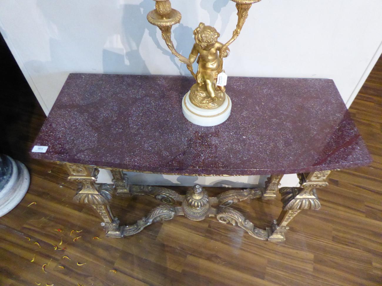 A Pair of 19th Century Giltwood Pier Tables, of Régence design, the bowed Egyptian porphyry marble - Image 2 of 11