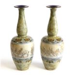 A Pair of Royal Doulton Stoneware Vases, by Hannah Barlow, scraffito decorated with a continuous