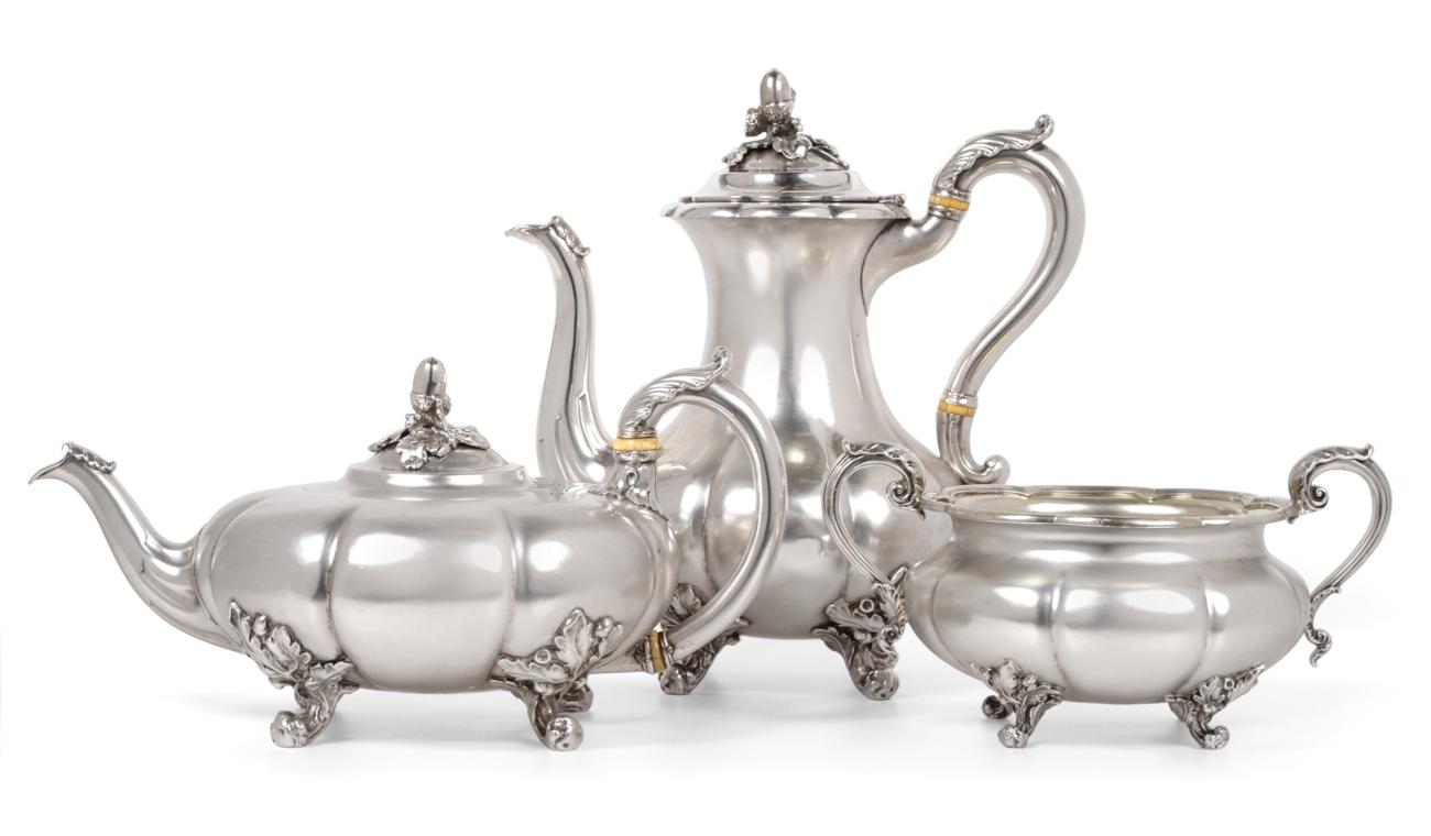 A William IV Silver Three Piece Tea and Coffee Service, Paul Storr, London 1836/37, of melon