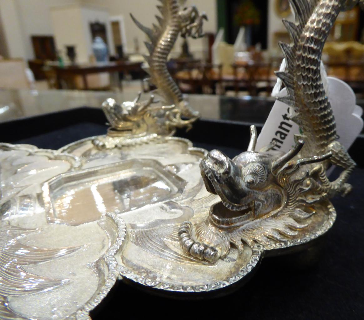 A Chinese Export Silver Inkstand, marked Wooshing, early 20th century, of butterfly shape with - Image 4 of 8