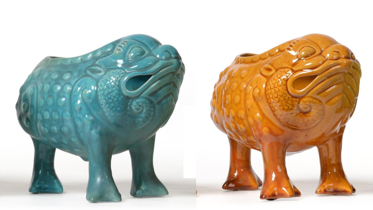 A Dunmore Pottery Grotesque Toad, modelled on three legs, mustard glaze ...