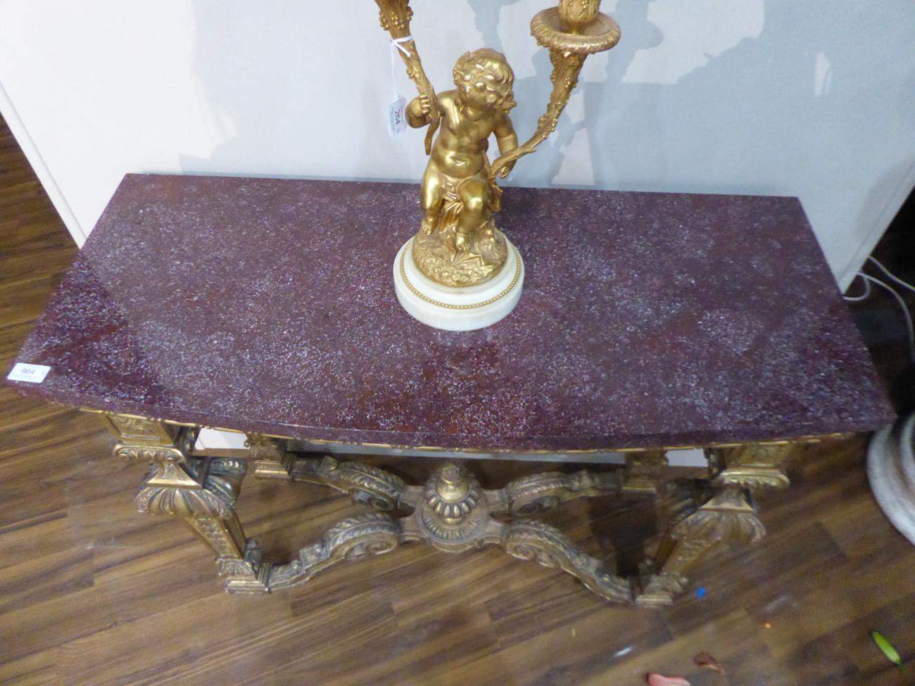 A Pair of 19th Century Giltwood Pier Tables, of Régence design, the bowed Egyptian porphyry marble - Image 7 of 11