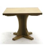 Mouseman: A Robert Thompson English Oak 3ft Square Dining Table, on a cruciform base, with carved