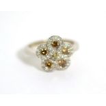 An 18 carat white gold champagne and white diamond cluster ring, total estimated diamond weight 0.70