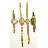 Three ladies 9 carat gold wristwatches and a ladies 18 carat gold wristwatch signed Baume