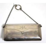 Sampson Mordan & Co silver purse with green leather lining and chain link handle, initialled JM