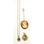 A 9 carat gold mounted cameo brooch, a 9 carat gold opal set pendant on gold chain stamped 750 and a