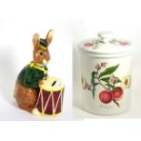 A large Portmeirion jar and cover decorated with fruit; and a Bunnykins Bunnybank (2)