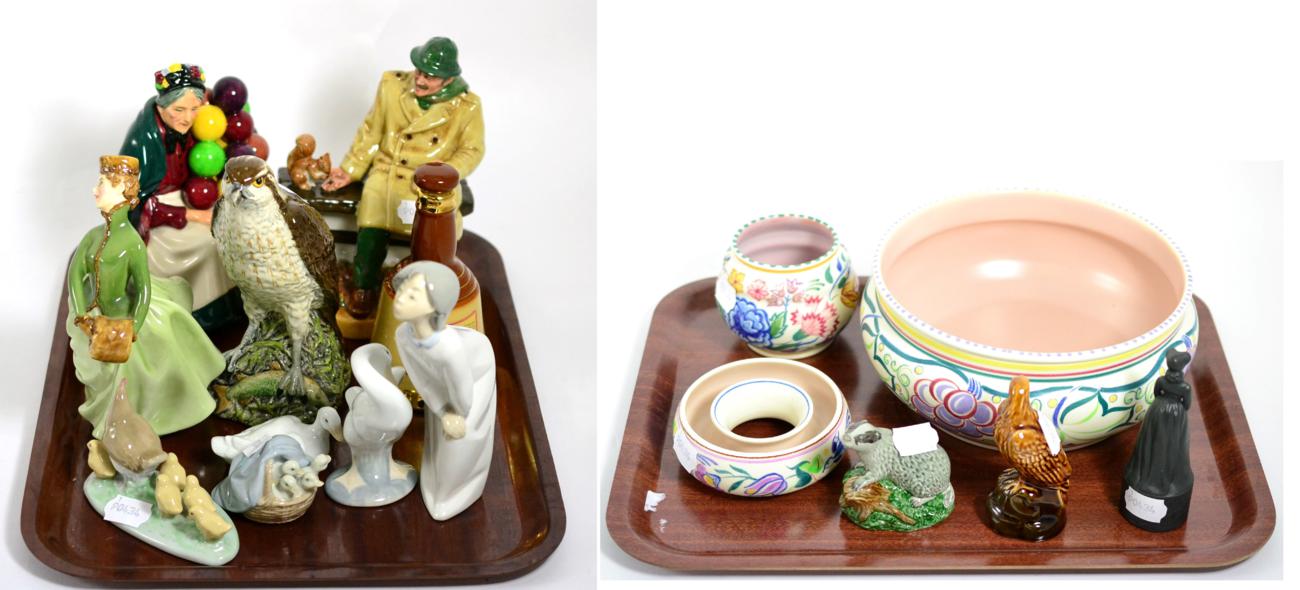 Collectable ceramics including Doulton figures, Lladro, Poole and Bewwick Beneagles decanters (two