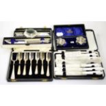 A cased pair of silver salts, silver handled tea knives, silver pin cushion, plated cake forks etc