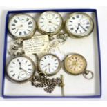 Three silver pocket watches, two silver fob watches and a nickel plated pocket watch