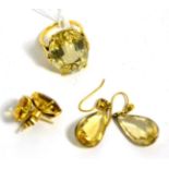 A citrine ring, stamped '9CT', size I1/2 and two pairs of citrine earrings (3) 13.8g gross