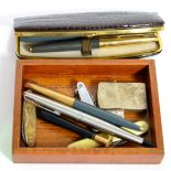 Miscellaneous including a Sterling lighter, pens including Parker examples; a silver thimble etc (