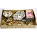 Assorted silver items to include a cream jug; napkin rings; a George III silver port wine label;