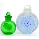 Lalique glass scent, flask and stopper and green glass scent flask and stopper