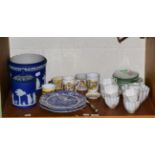 Adams Jasperware planter, Wedgwood jar and cover, tea set, Spode plates etc