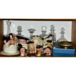 A quantity of cut glass, Royal Doulton character jugs, six Royal Worcester chocolate pots, cut glass