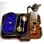 Plated wares including claret jug, three cased sets of serving cutlery and a single vase