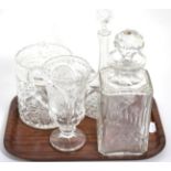 An Edinburgh Crystal square cut glass decanter; a biscuit barrel; decanter and jug