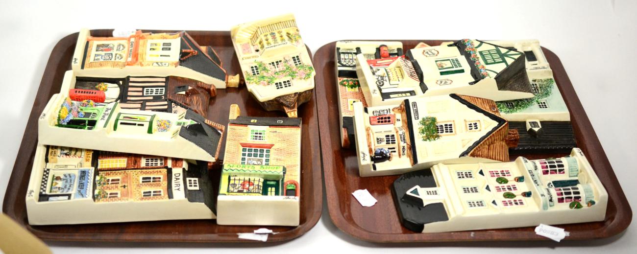 A collection of twelve Hazel ceramics shop front wall plaques (on two trays)