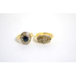 A sapphire and diamond cluster ring, stamped '18CT PLAT', finger size L1/2 and an 18 carat gold