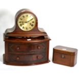 A 19th century tea caddy, a mahogany two drawer chest (from a dressing table), and a mantel clock (
