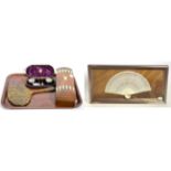 A cased set of two silver salts and spoons, a burr walnut veneered jewellery box, an ivory pierced