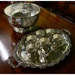 A large silver plated punch bowl by Viners, with six cups and ladle; together with a large twin