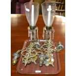 Pair of brass two-light wall scones and a pair of brass lustre type candle holders