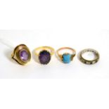 Two amethyst rings, a turquoise ring and an eternity ring 14.4g gross