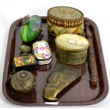 A group of collectables including snuff box, prisoner of war straw box, lime holder etc