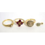 A 9 carat gold ruby ring, a 9 carat gold diamond cluster ring, a 9 carat gold solitaire diamond ring