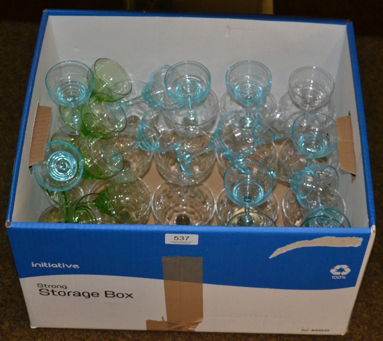 A quantity of Champagne glasses, comprising fourteen blue glasses Art Deco, six Art Deco clear