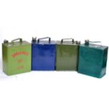 Four Vintage Two Gallon Petrol Cans, comprising green painted Shell-Mex, green painted Pratts 1945