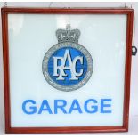 An Illuminated RAC Light Box Sign, perspex cover, mounted in a stained mahogany case, fitted for