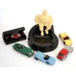 A Plastic Michelin Man Advertising Ashtray, 15cm wide; four Dinky play-worn model die cast cars,