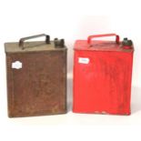 A Red Enamel Two Gallon Petrol Can, with riveted handle and original brass screw top stamped BP, the