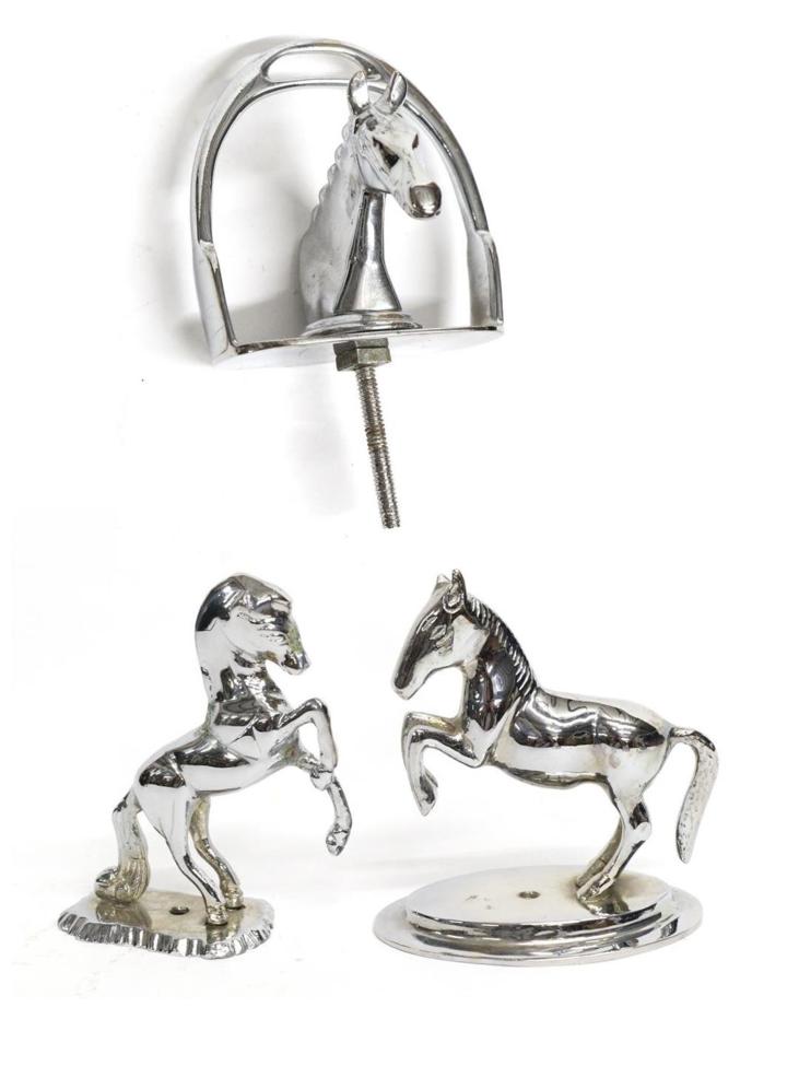Three Chrome Car Mascots in the form of Horses, two modelled rearing, the other as a head profile