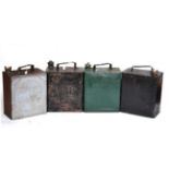 Four Vintage Two Gallon Petrol Cans, comprising red painted Shell, blue painted Pratts, green