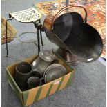 A copper coal scuttle; brass and cast iron trivet; and a group of pewter mugs and bowls