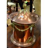 A copper and brass mounted decorative coal bucket, pull off cover with flame finial, the sides