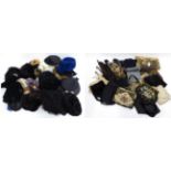 Quantity of mainly 1950s hats, many with fur or feathers, black velvet examples, straw etc; together