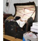 Domed travelling trunk, with internal lift out tray enclosing assorted textiles, costume, bowler hat