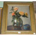 John A A Berrie, still life of roses in a vase, oil on canvas laid on board, signed lower left,