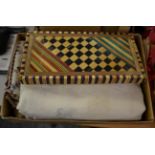 Straw work box and cover, assorted textiles including Chinese embroidered cloths, eastern