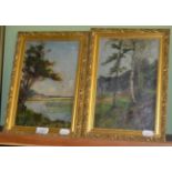 Pair of indistinctly signed oil on canvas, landscapes, one with indistinct label verso