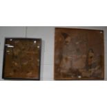 A large framed fabric applique picture of two Japanese warriors in simulated bamboo frame, another