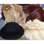 Mink evening stole, another, two fur coats, hats, boxed bowler hat etc (one box)